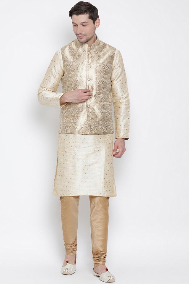 Men's Cotton Silk Jacket Kurta Pyjama Set in Gold