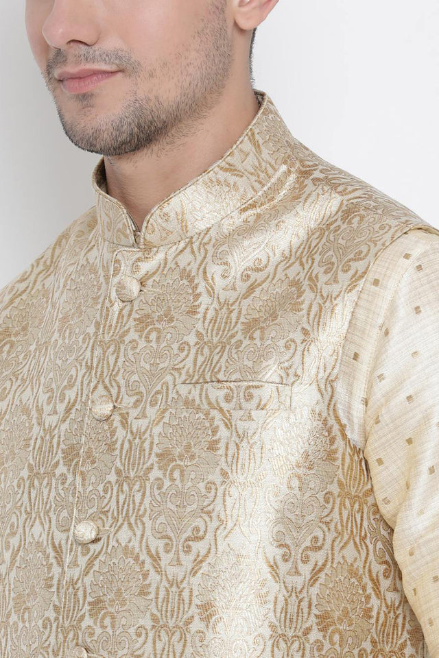 Men's Cotton Silk Jacket Kurta Pyjama Set in Gold