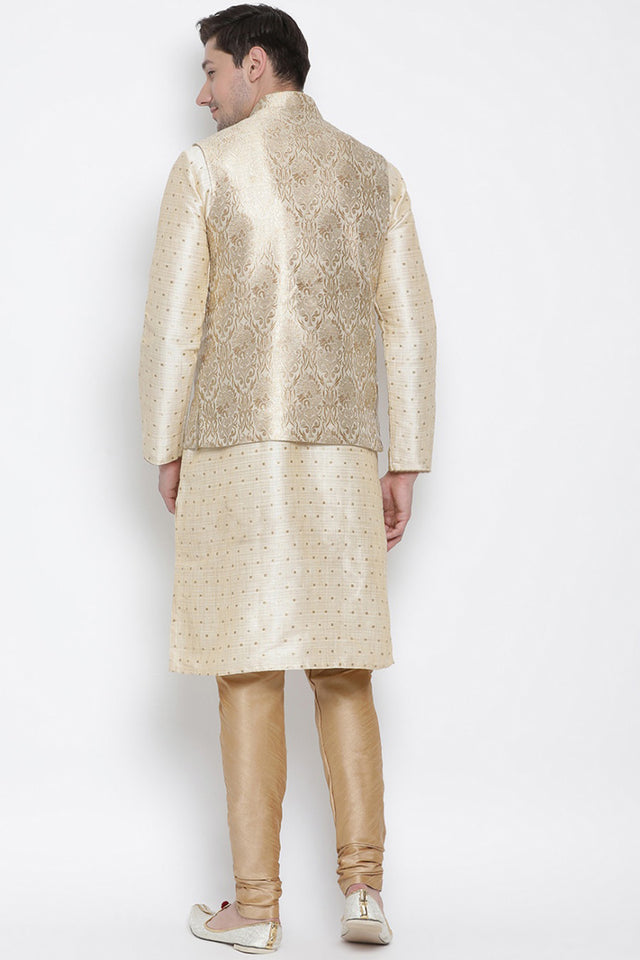 Men's Cotton Silk Jacket Kurta Pyjama Set in Gold