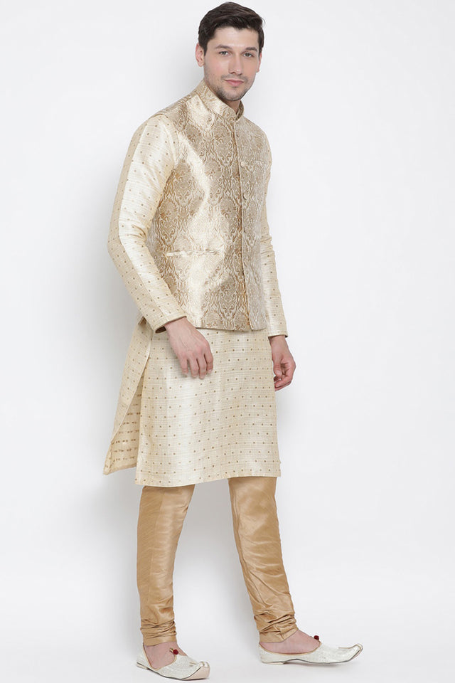 Men's Cotton Silk Jacket Kurta Pyjama Set in Gold
