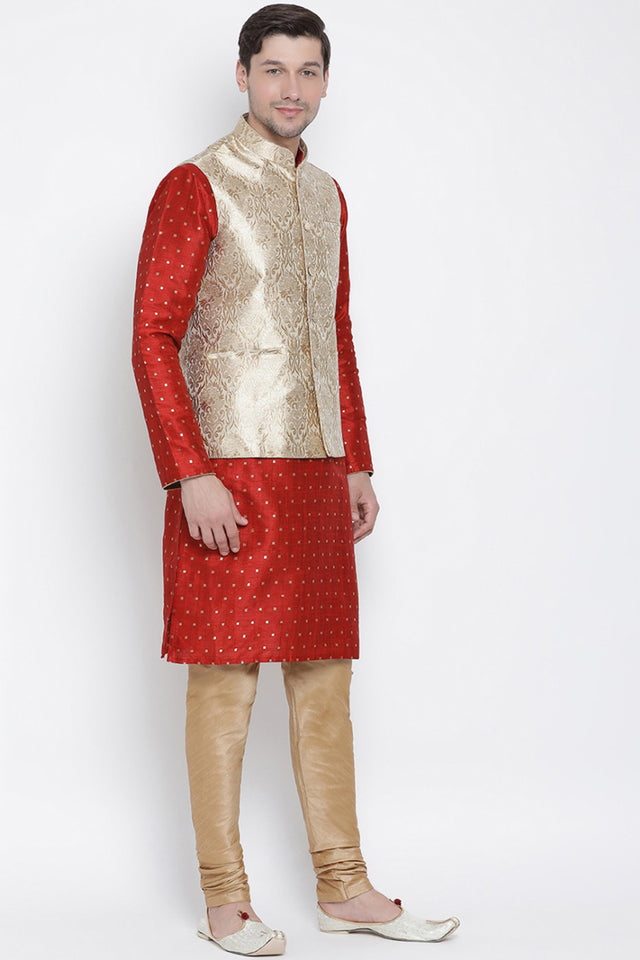 Men's Cotton Silk Jacket Kurta Pyjama Set in Maroon