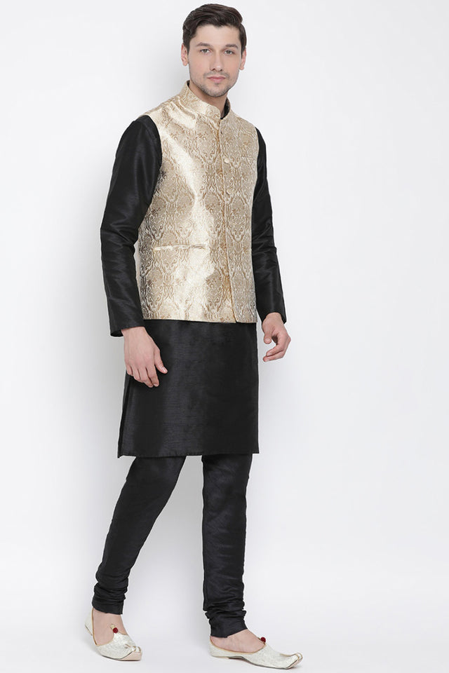 Men's Cotton Silk Jacket Kurta Pyjama Set in Black