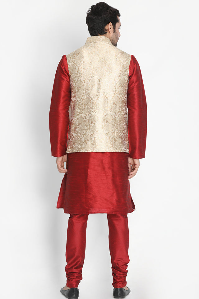 Men's Cotton Art Silk Kurta Set In Maroon