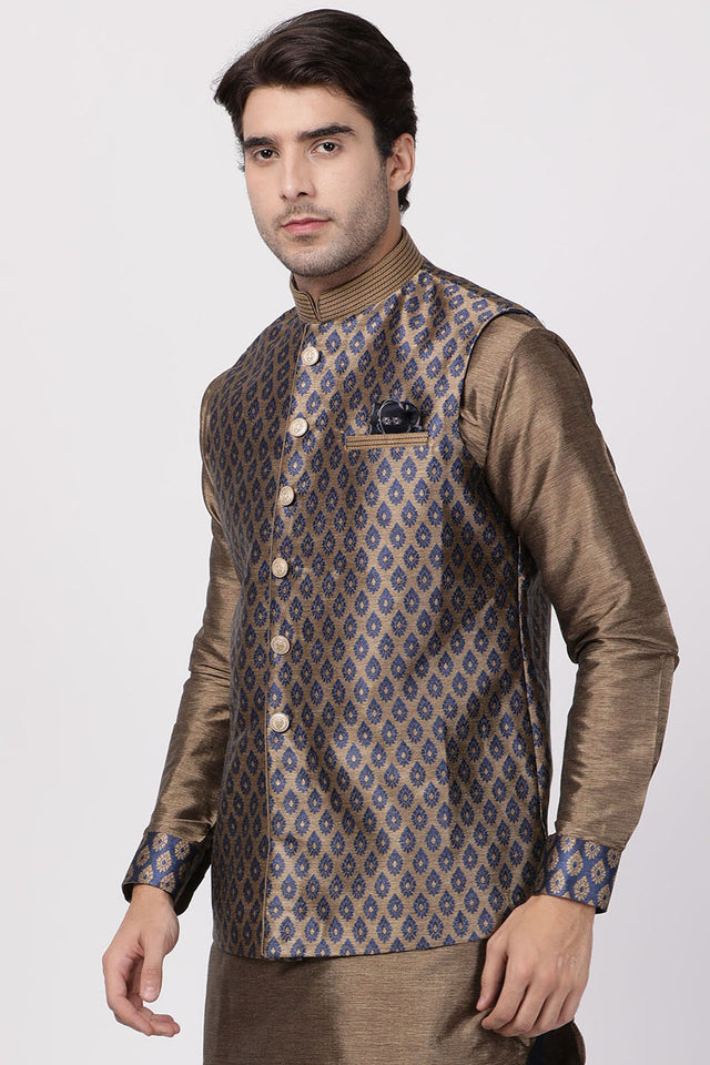 Men's Cotton Art Silk Ethnic Jacket In Dark Blue