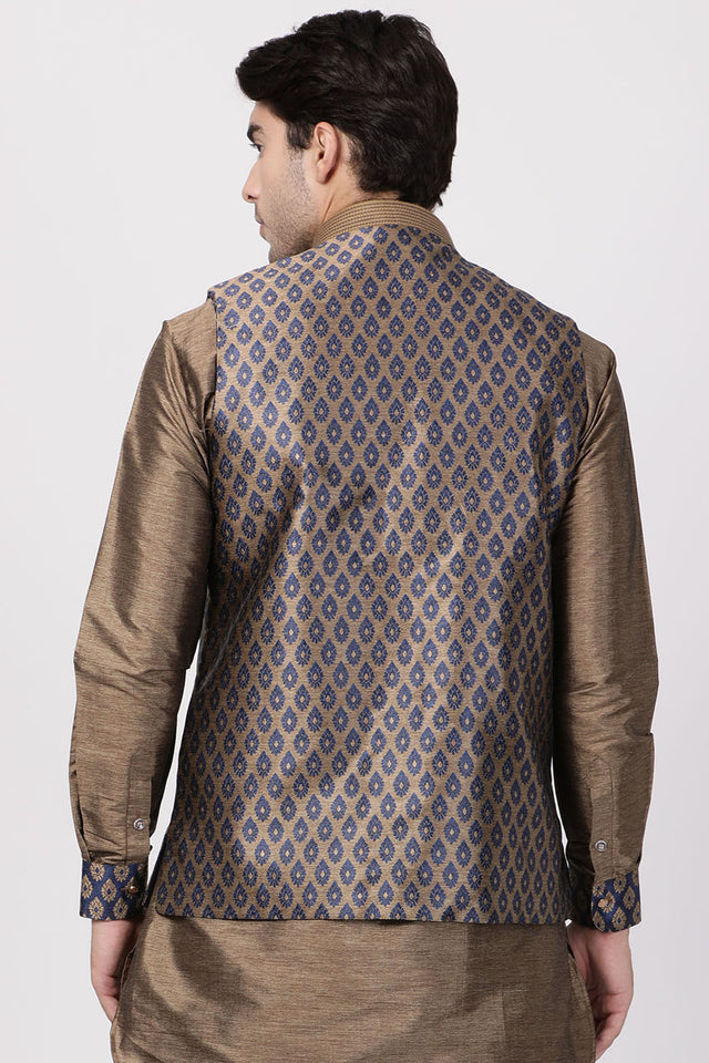 Men's Cotton Art Silk Ethnic Jacket In Dark Blue