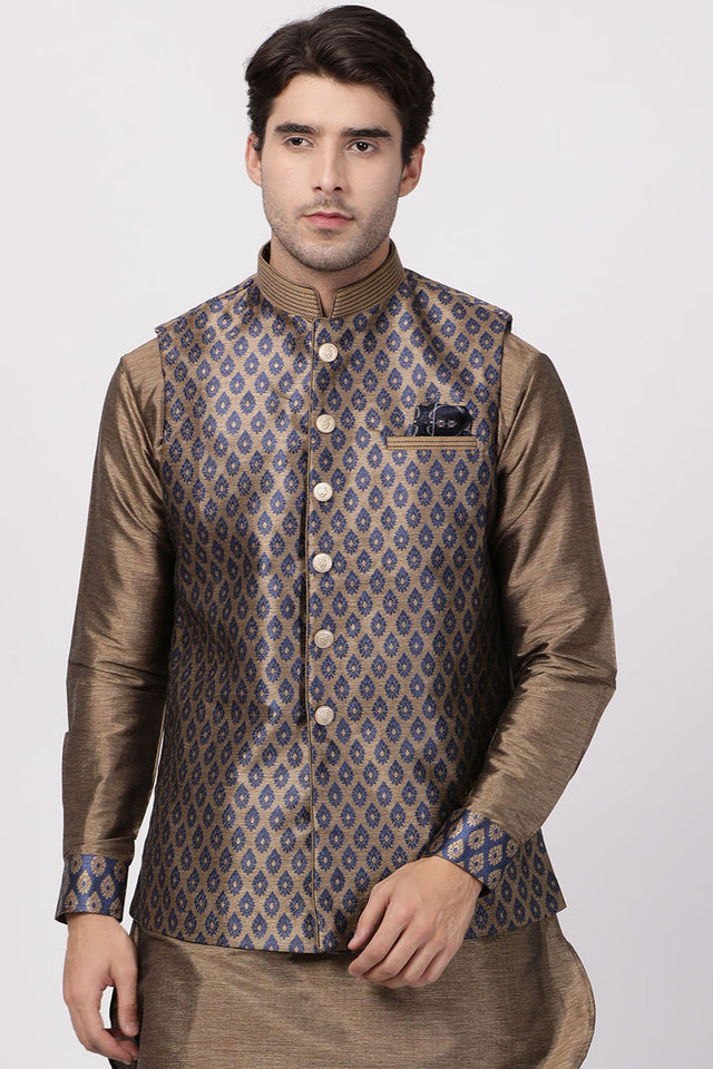 Men's Cotton Art Silk Ethnic Jacket In Dark Blue