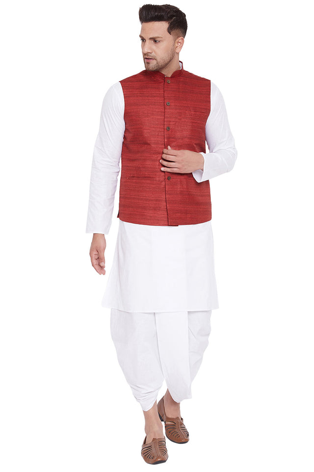 Buy Men's Blended Cotton Solid Kurta and Dhoti Set in White
