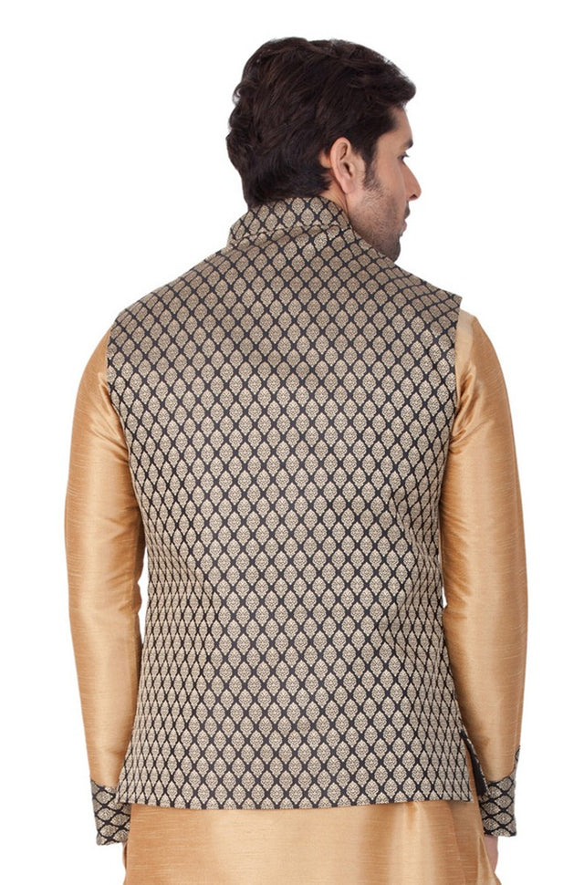 Men's Art Silk Blend Woven Modi Nehru Jacket In Black