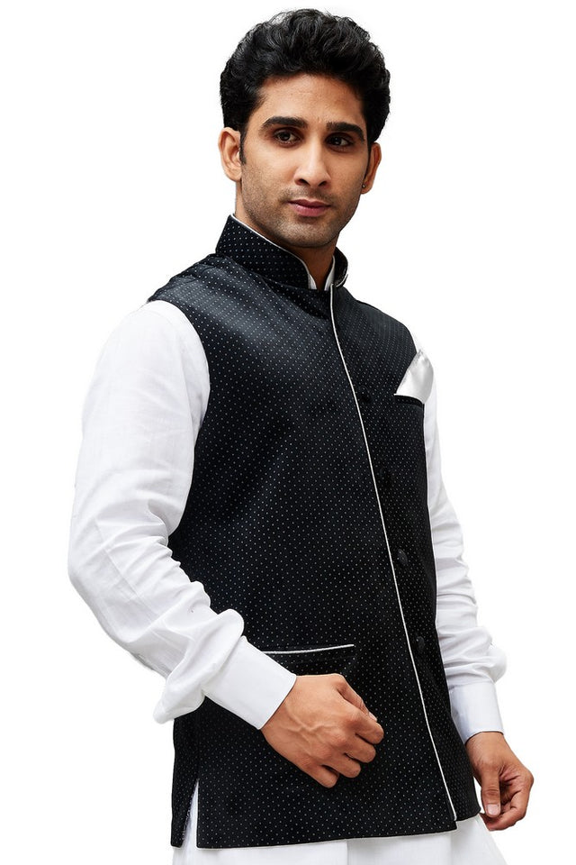 Men's Velvet Printed Modi Nehru Jacket In Black