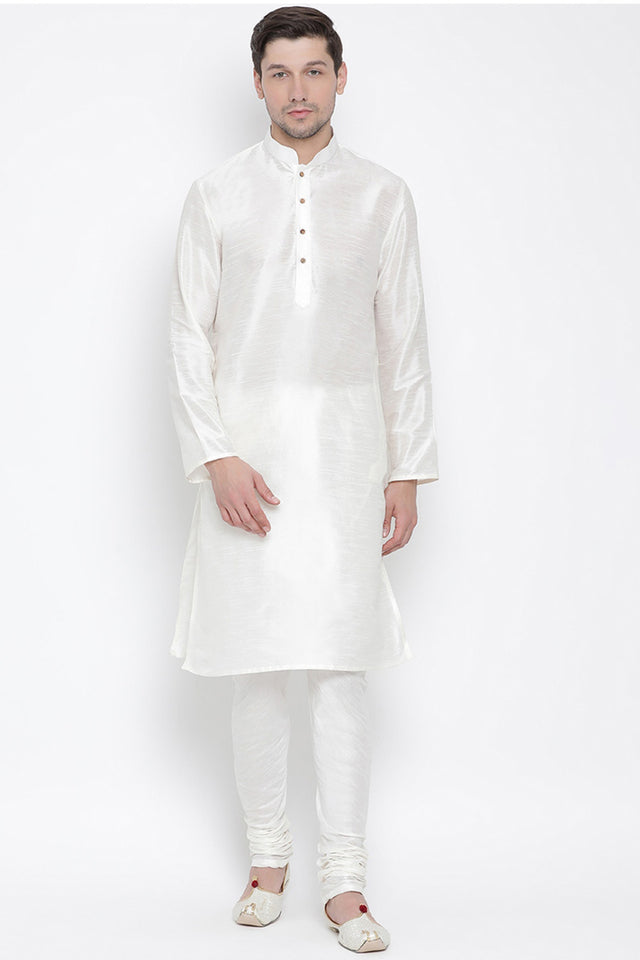 Men's Cotton Silk Kurta Pajama Set In White