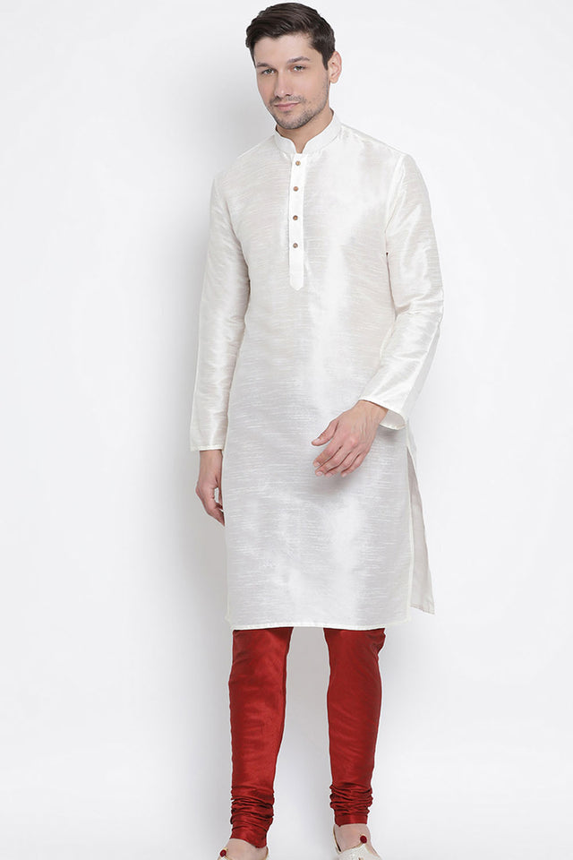 Men's Cotton Art Silk Kurta Set In White