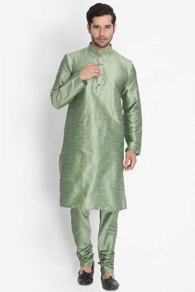 Men's Cotton Art Silk Kurta Set In Light Green
