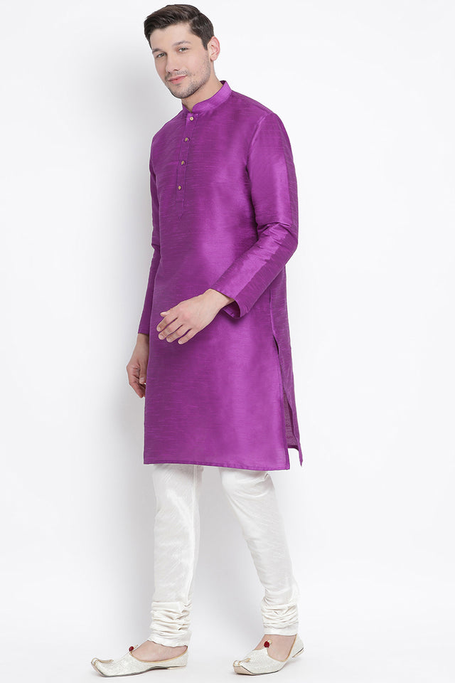 Men's Cotton Art Silk Kurta Set In Purple