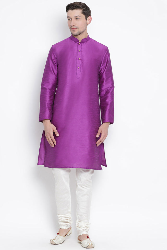 Men's Cotton Art Silk Kurta Set In Purple