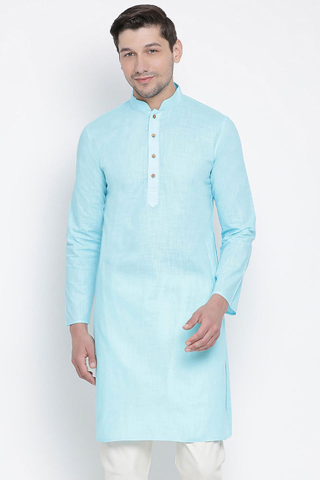 Men's Blended Cotton Kurta In Light Blue