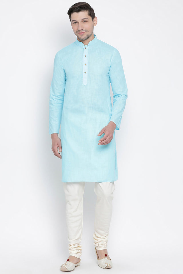 Men's Cotton Kurta Pajama Set In Aqua