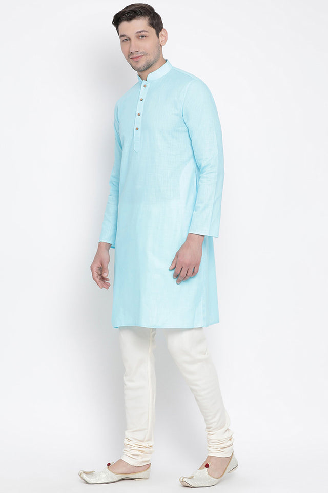 Men's Cotton Kurta Pajama Set In Aqua