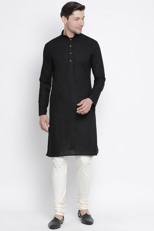 Men's Cotton Blend Kurta Pajama Set In Black