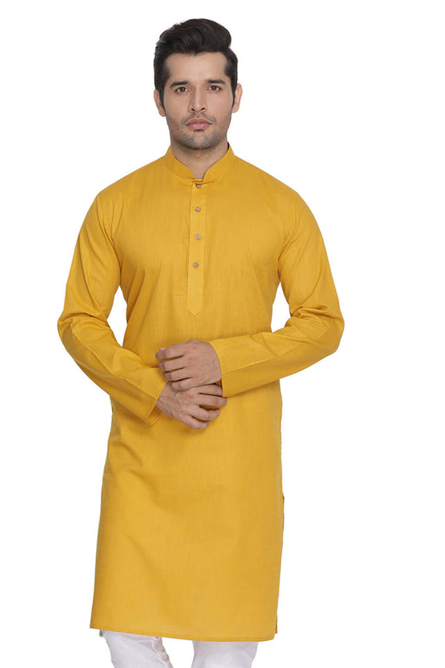 Men's Blended Cotton Kurta In Yellow