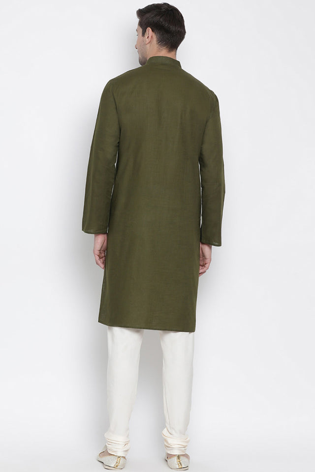 Men's Cotton Kurta Pajama Set In Mehandi