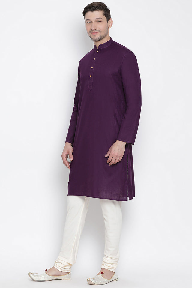 Men's Blended Cotton Kurta Set In Purple