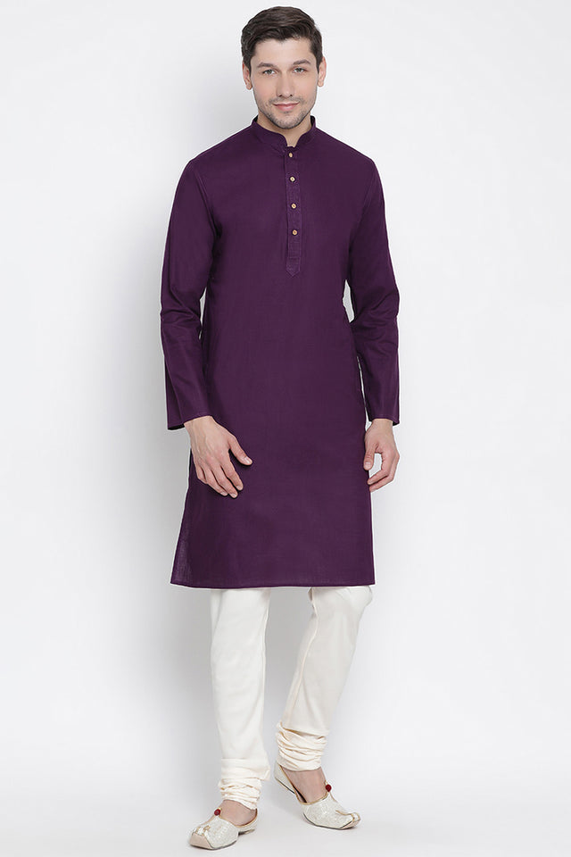 Men's Blended Cotton Kurta Set In Purple