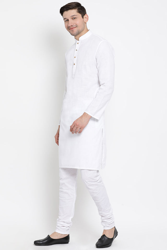 Men's Blended Cotton Kurta Set In White