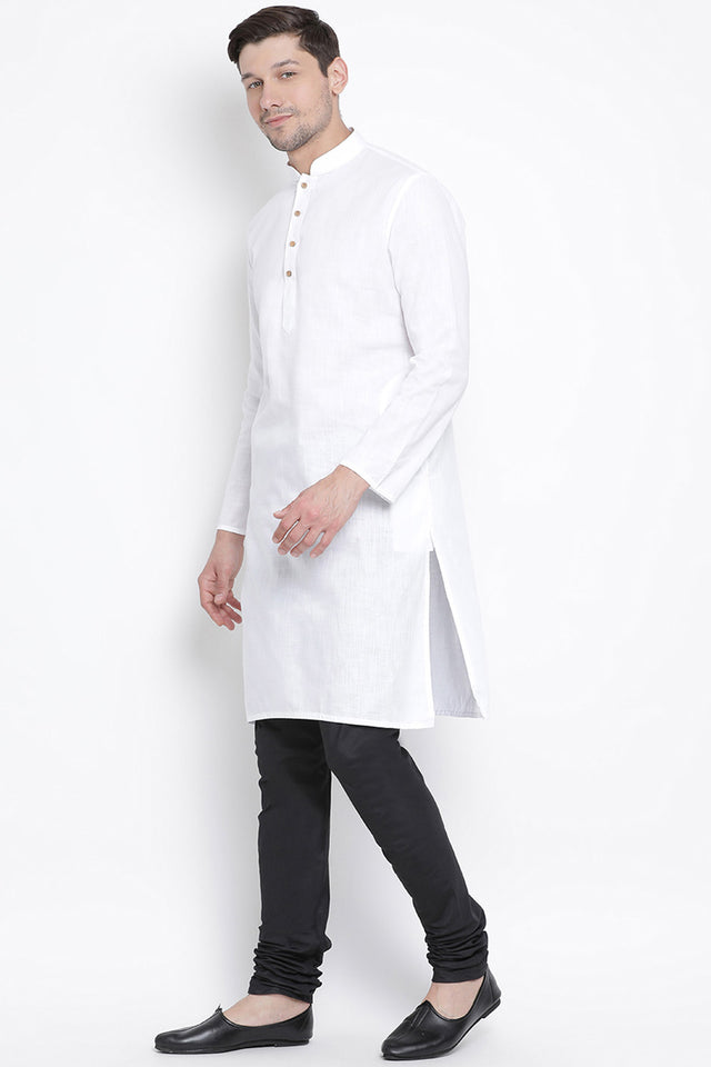 Men's Blended Cotton Kurta Set In White