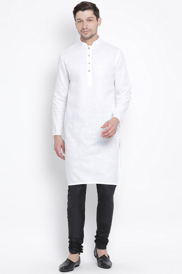 Men's Blended Cotton Kurta Set In White