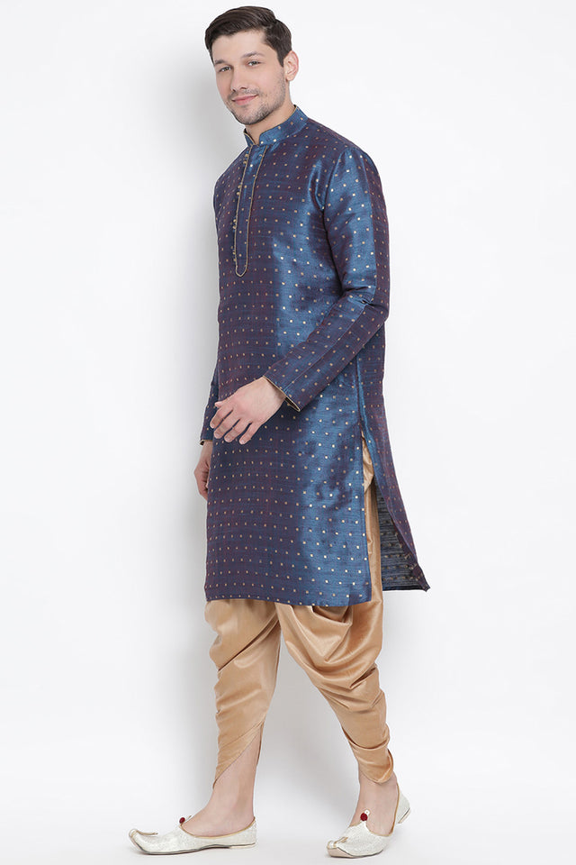 Men's Cotton Art Silk Kurta Set In Blue