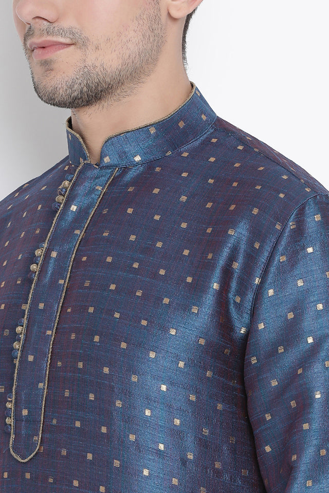 Men's Cotton Art Silk Kurta Set In Blue