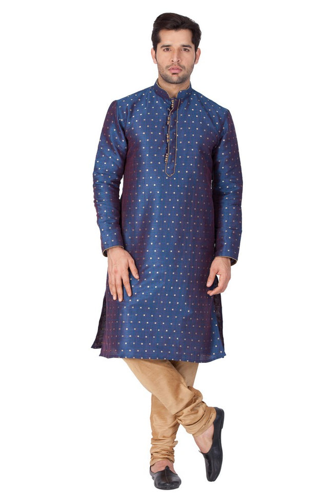 Men's Cotton Art Silk Woven Kurta And Pajama Set In Blue