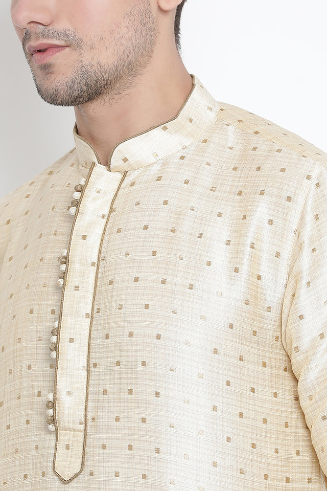 Men's Cotton Art Silk Kurta Set In Gold