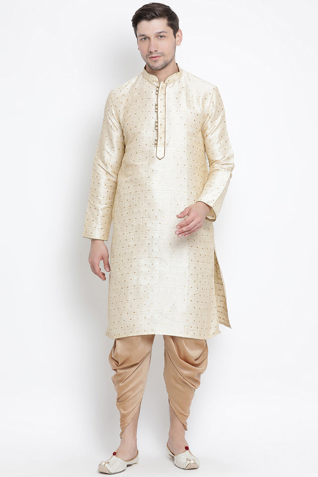 Men's Cotton Art Silk Kurta Set In Gold