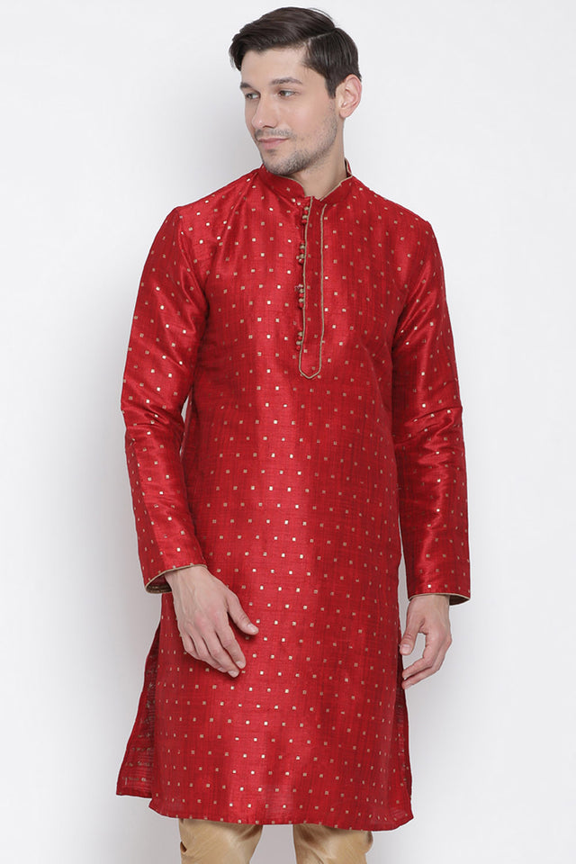 Men's Cotton Art Silk Kurta In Maroon