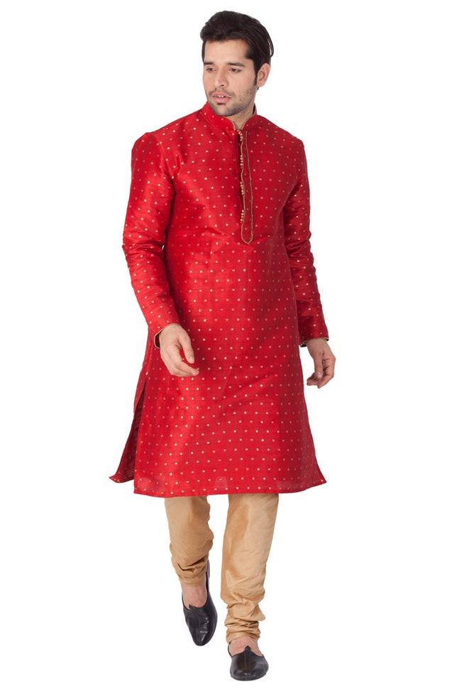 Men's Cotton Art Silk Woven Kurta And Pajama Set In Maroon