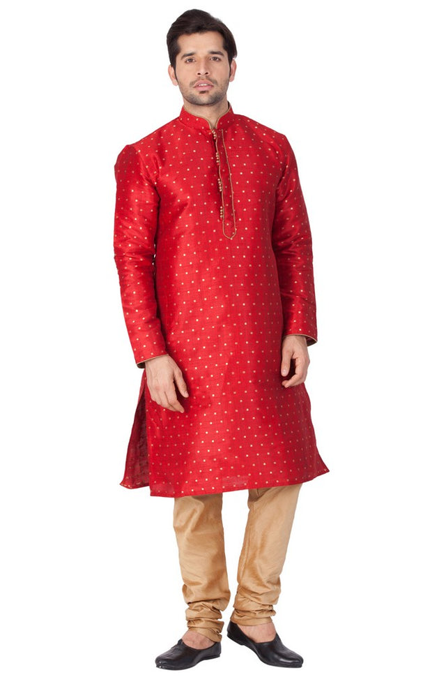 Men's Cotton Art Silk Woven Kurta And Pajama Set In Maroon
