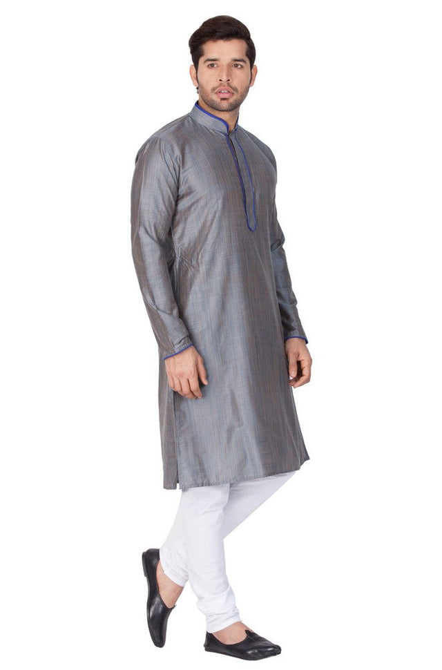 Men's Cotton Art Silk Solid Kurta And Pajama Set In Grey