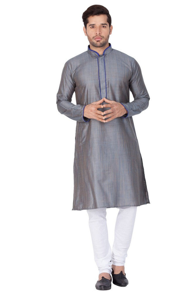 Men's Cotton Art Silk Solid Kurta And Pajama Set In Grey