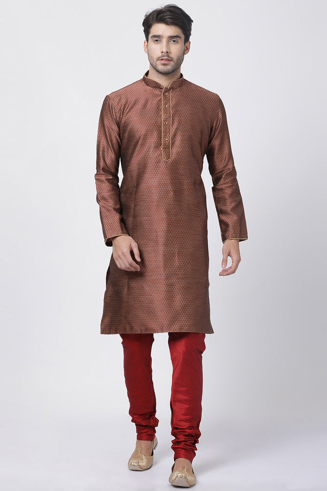 Men's Cotton Art Silk Kurta Set In Maroon