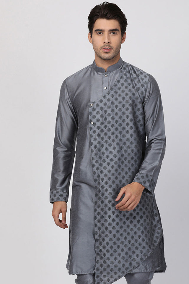 Men's Cotton Art Silk Kurta In Grey