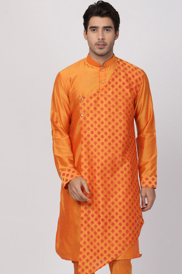 Men's Cotton Art Silk Kurta In Orange