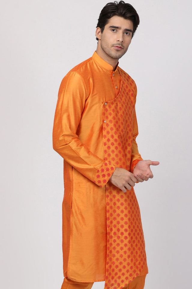 Men's Cotton Art Silk Kurta In Orange