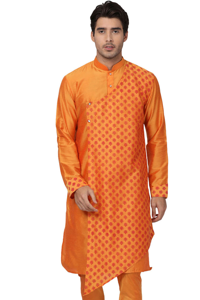 Men's Cotton Art Silk Kurta In Orange