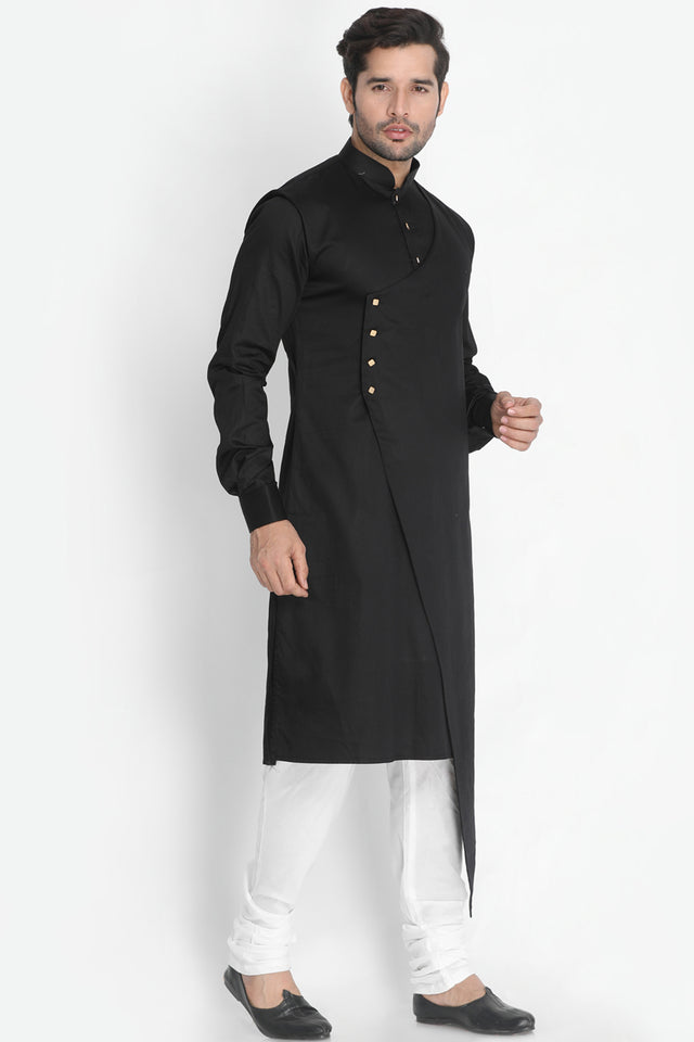 Men's Cotton Art Silk Kurta Set In Black