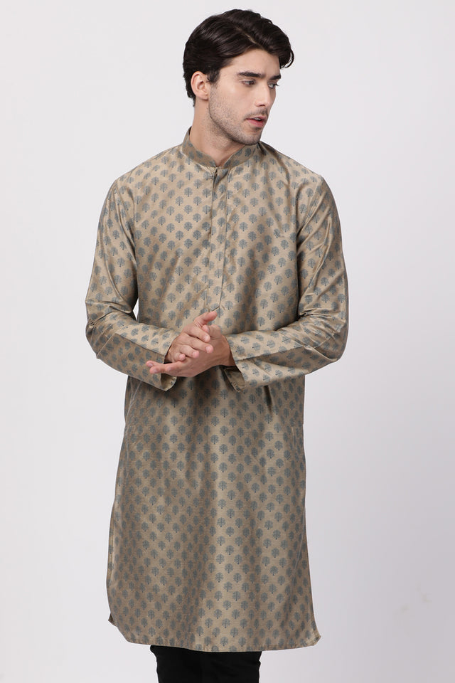 Men's Cotton Art Silk Kurta In Beige
