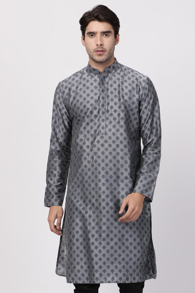 Men's Cotton Art Silk Kurta In Grey