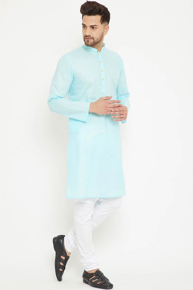 Buy Men's blended Cotton Solid Kurta Set in Aqua - Front