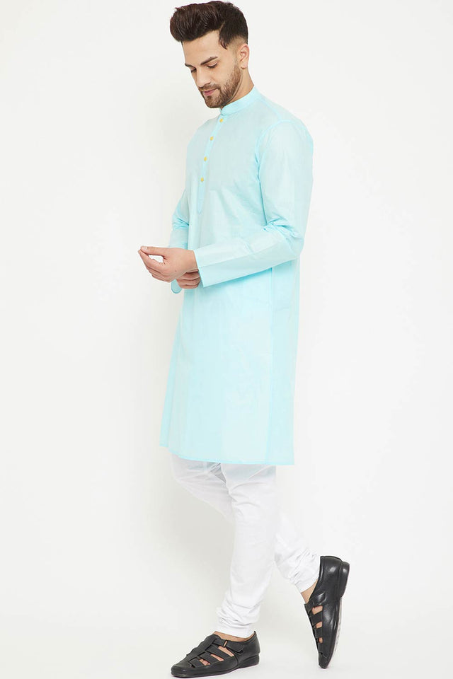 Buy Men's blended Cotton Solid Kurta Set in Aqua - Side