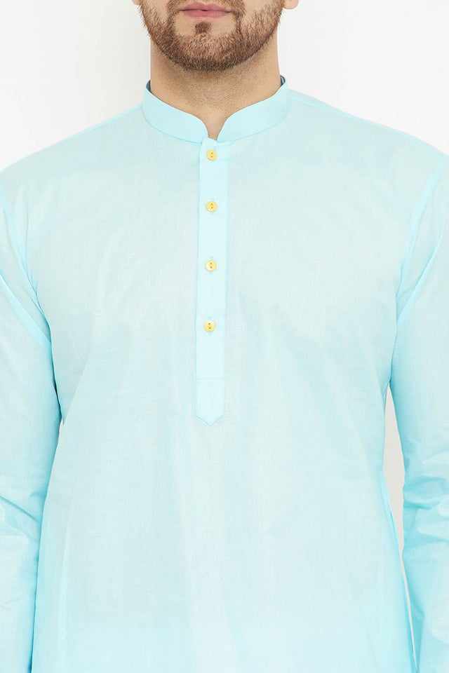 Buy Men's blended Cotton Solid Kurta Set in Aqua - Online